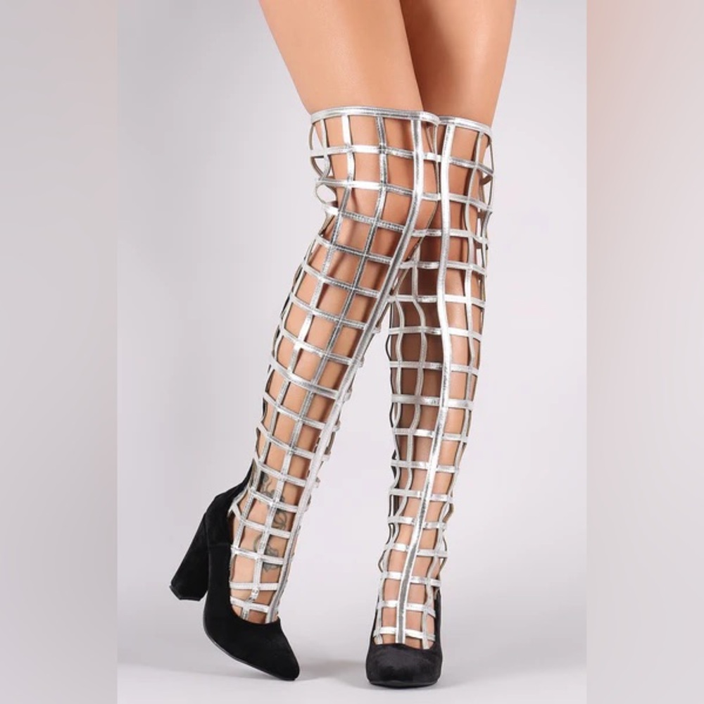 VELVET CAGED CHUNKY HEELED OVER-THE-KNEE BOOTS